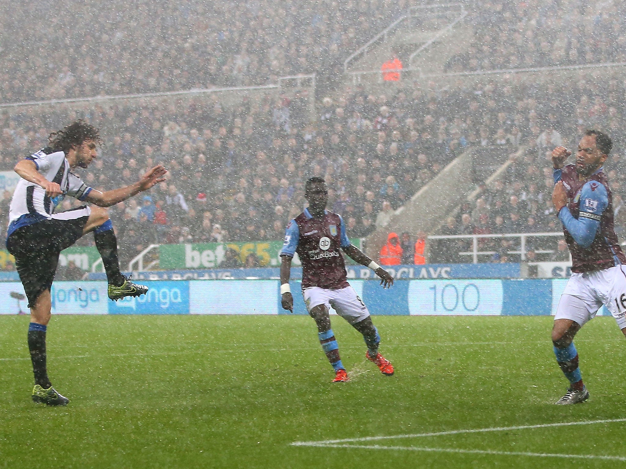 Fabricio Coloccini scores the opening goal for Newcastle against Aston Villa