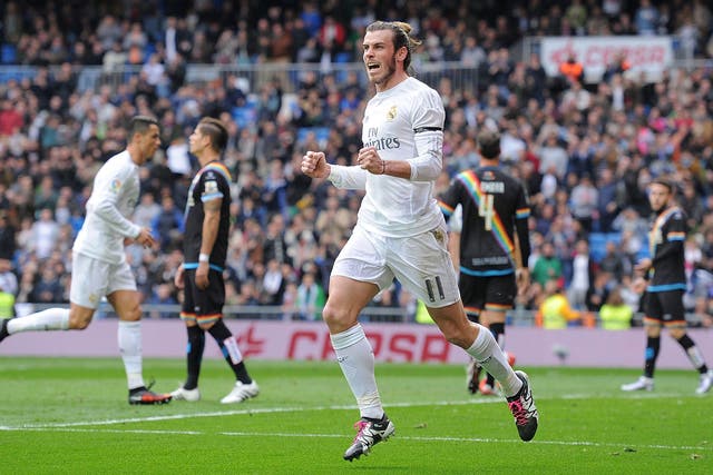Gareth Bale celebrates one of his four goals for Real Madrid