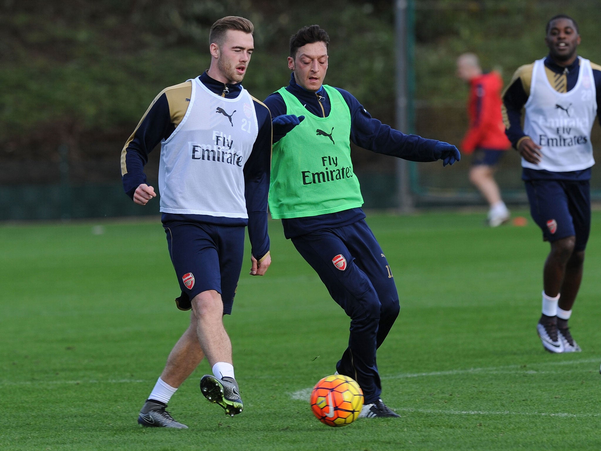 Mesut Ozil and Calum Chambers in training