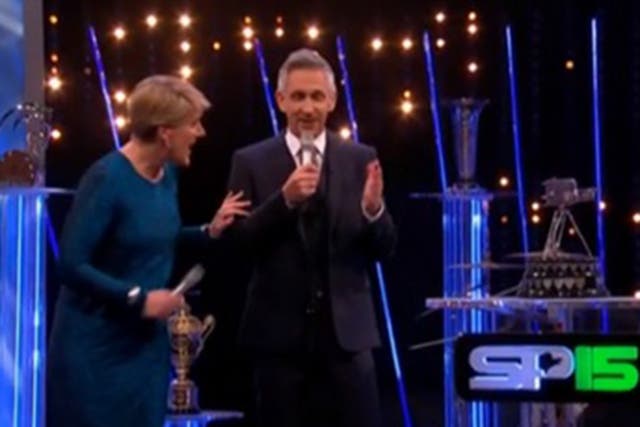 Clare Balding on stage with the bleeding Gary Lineker