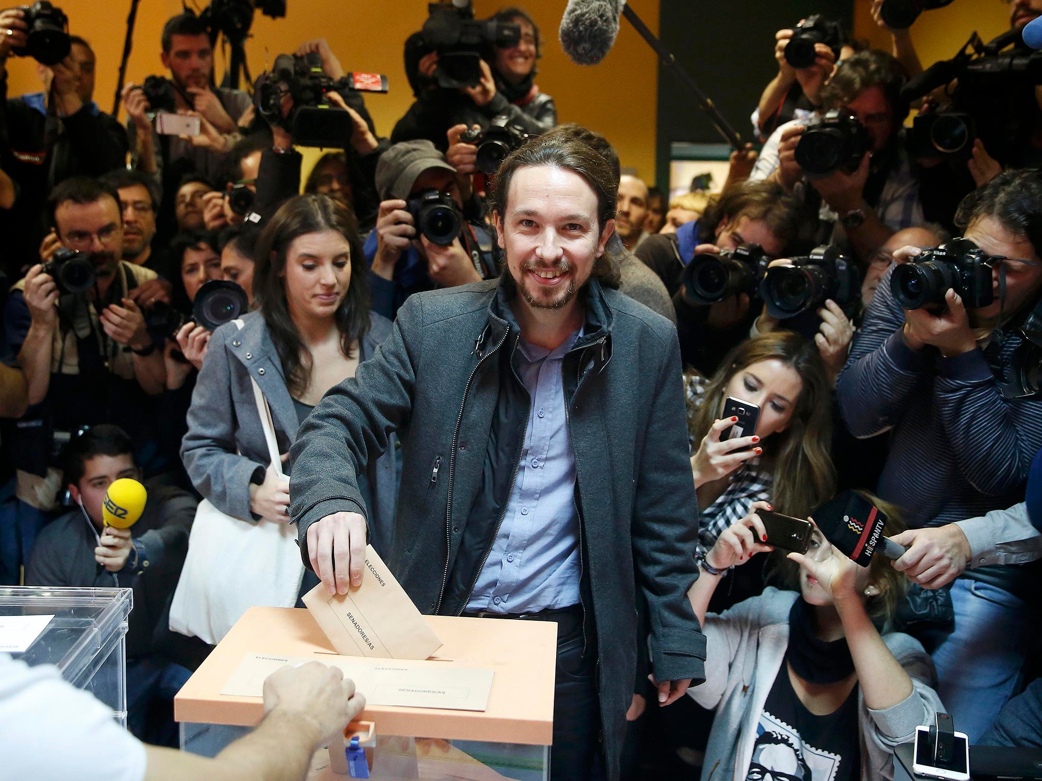 Podemos (We Can) party leader Pablo Iglesias casts his vote in Spain's general election in Madrid, Spain