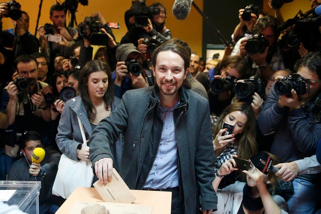 Podemos (We Can) party leader Pablo Iglesias casts his vote in Spain's general election in Madrid, Spain