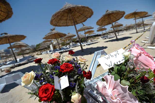 A memorial for the victims laid on a sun lounger at the Imperial Marhaba Hotel in Sousse