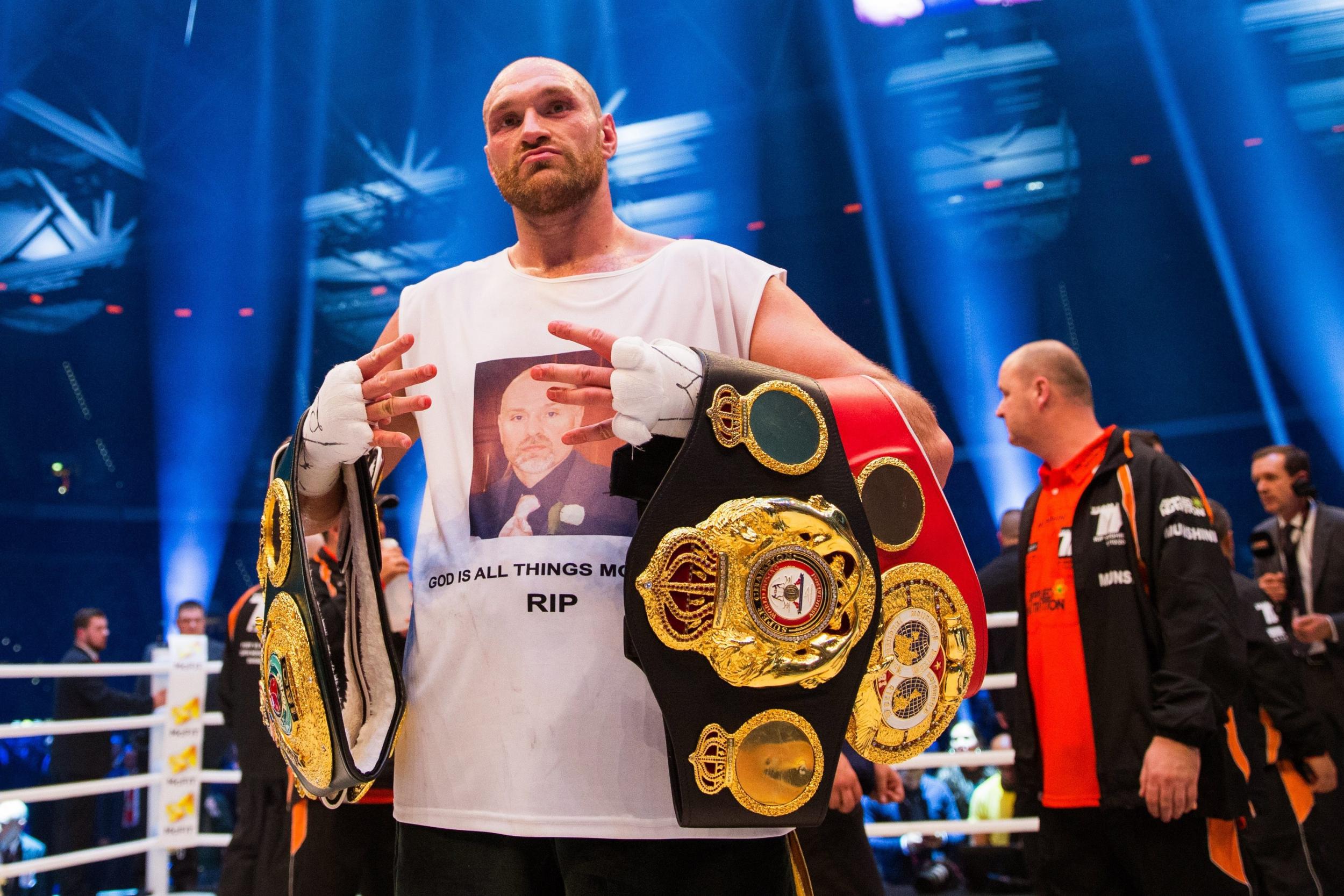 Tyson Fury celebrating in the ring after his victory over Ukraine's Vladimir Klitschko