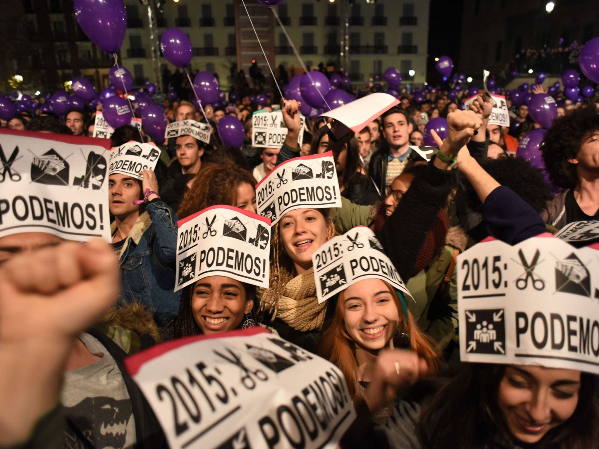 Supporters of Podemos celebrating in Madrid on Sunday night (Afp/Getty)
