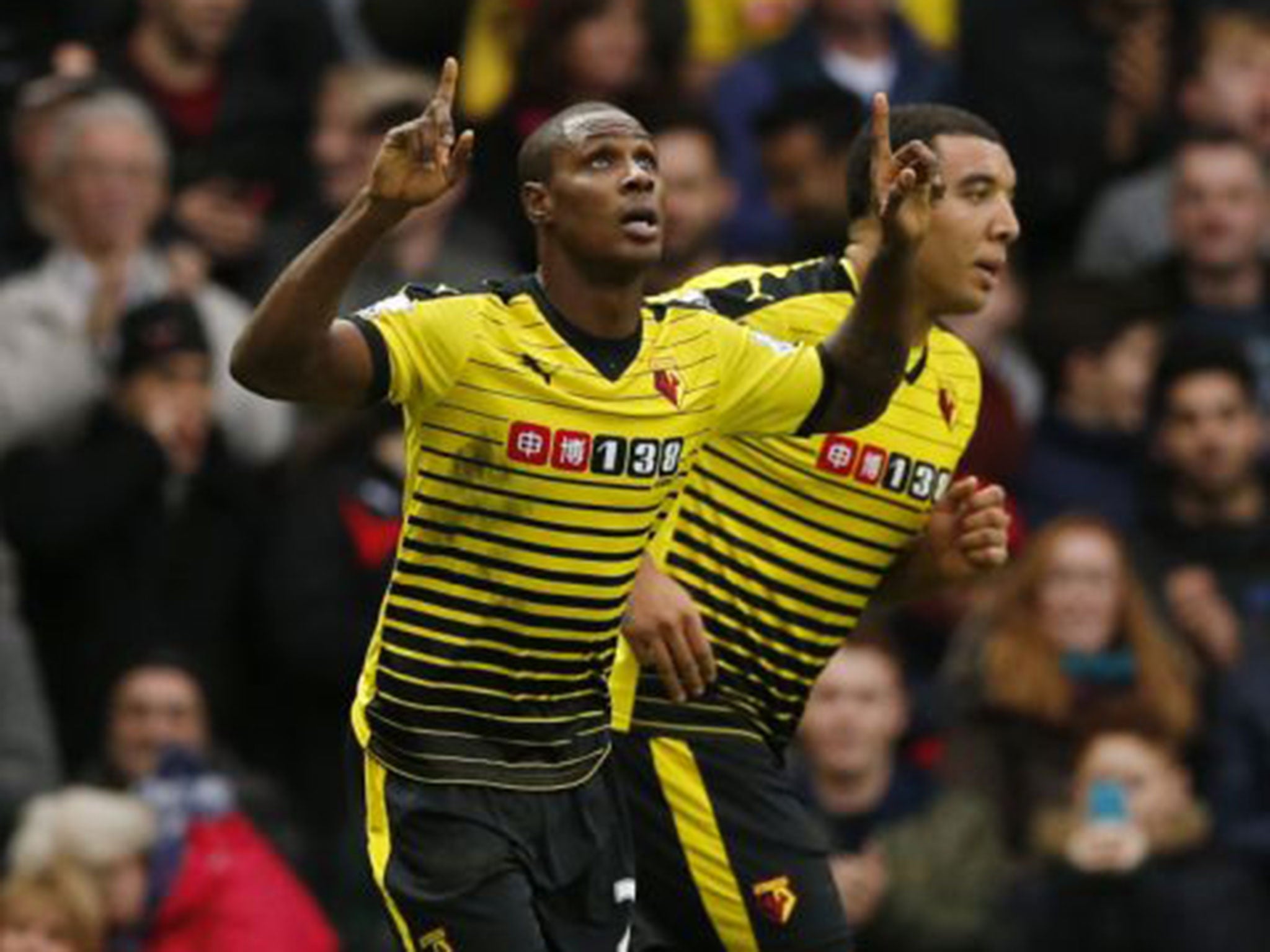 Odion Ighalo, with Troy Deeney, after scoring Watford’s third on Sunday