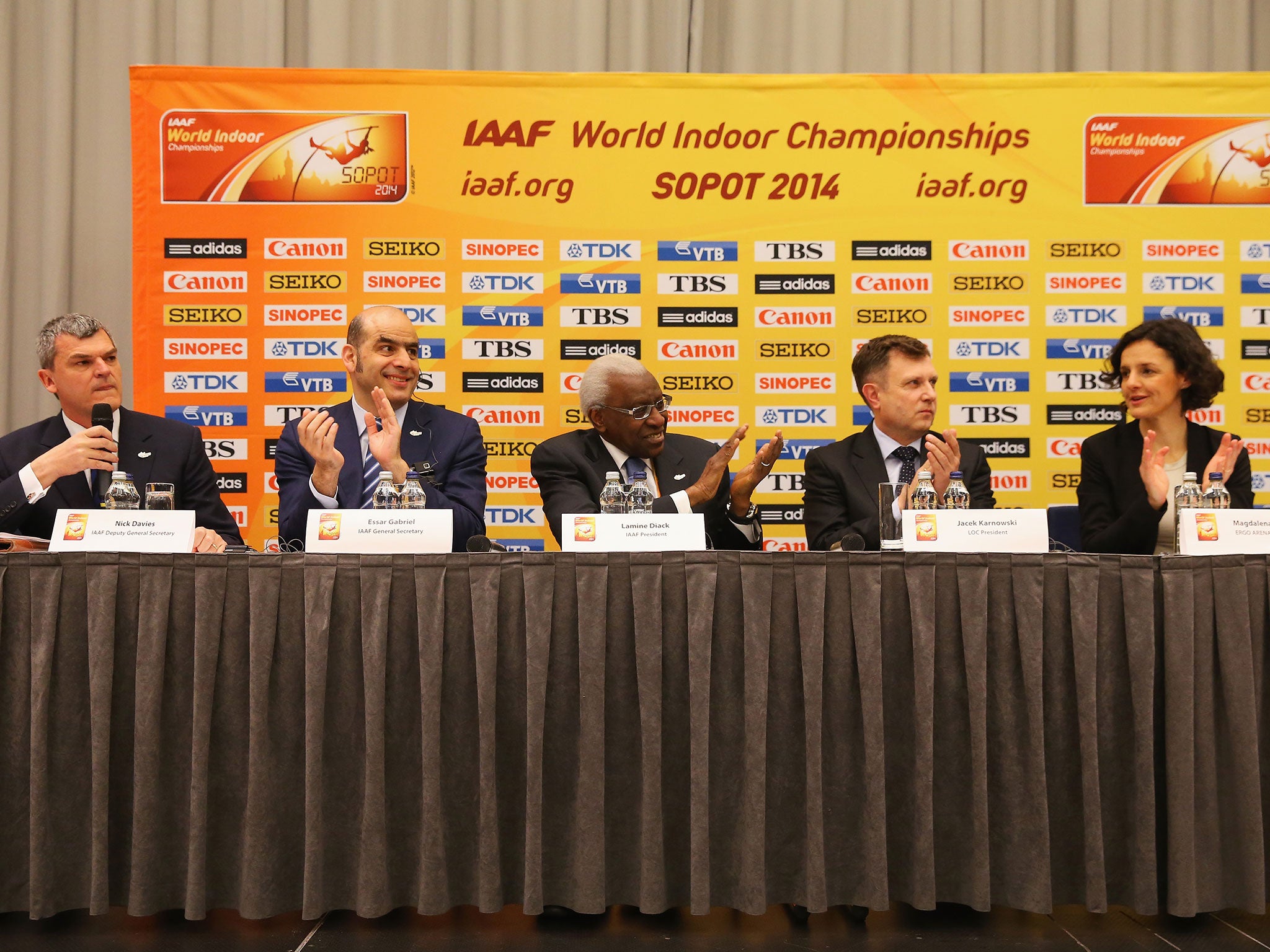 Nick Davies, IAAF Deputy General Secretary, Essar Gabriel, IAAF General Secretary, Lamine Diack, IAAF President, Jacek Karnowski, LOC President and Magdalena Sekula, Ergo Arena President