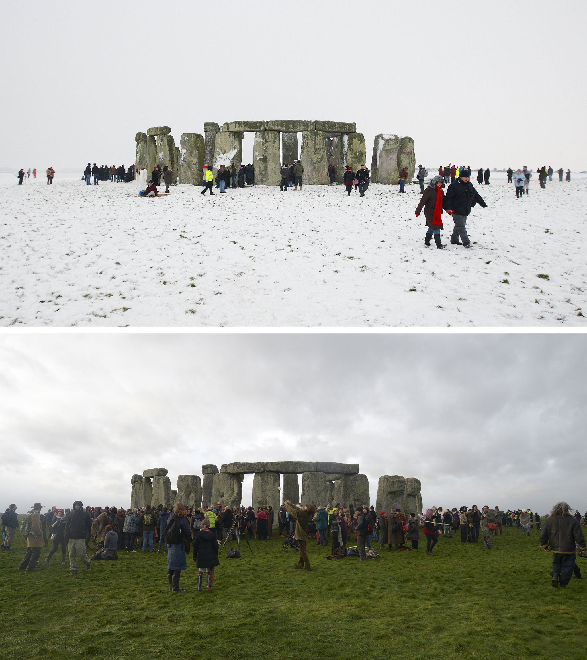 Composite images of Stonehenge in Wiltshire during a snowy Winter Solstice dated 22/12/10 (top) and the Winter Solstice today (below) (via PA)