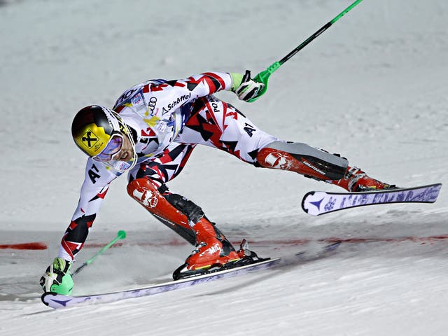 Marcel Hirscher in action during his World Cup slalom race
