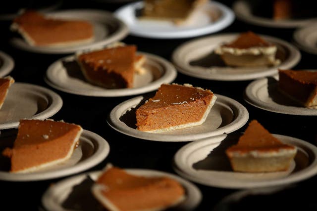 Slices of pie are seen at a banquet in California