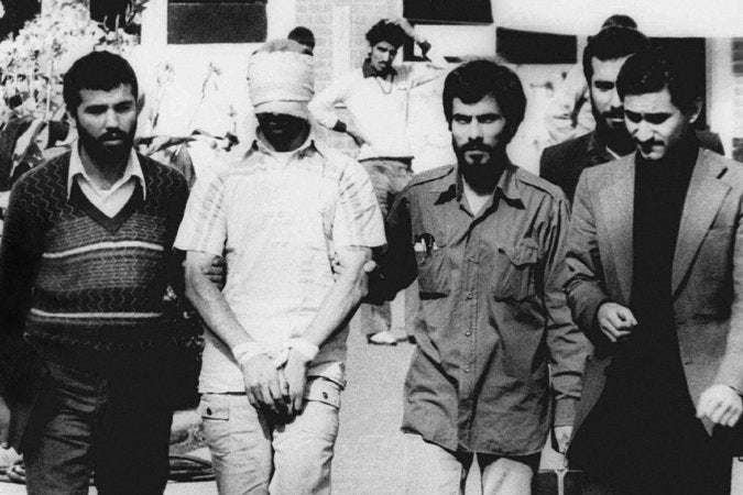 One US hostage displayed outside the US embassy in Tehran in 1979