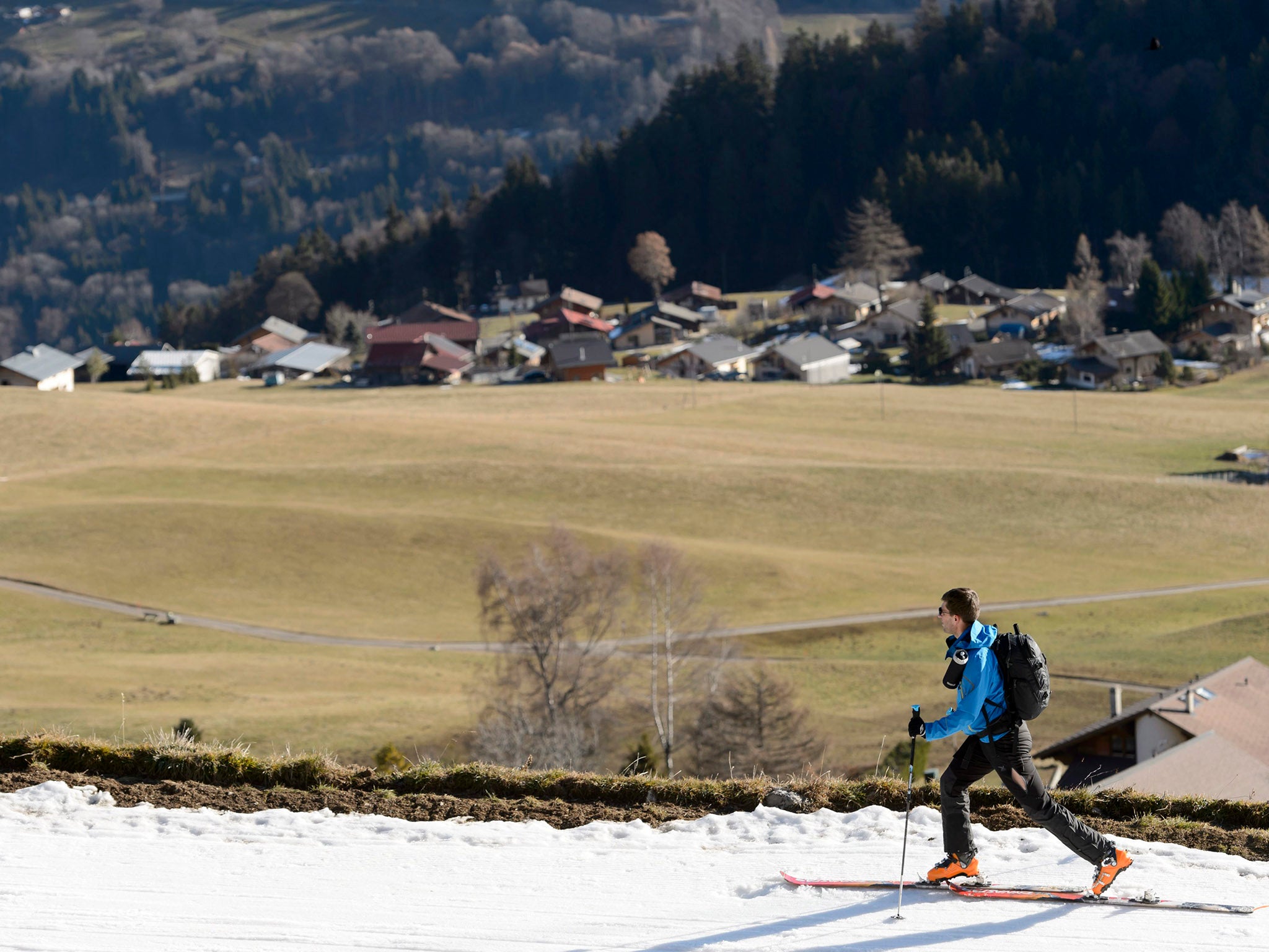A Skier in action on a ski slope covered with artificial snow surrounded by green fields, in the Swiss Alps, during Christmas holydays, in Leysin, Switzerland. The snow has melted as a result of the mild temperatures throughout the last few days.