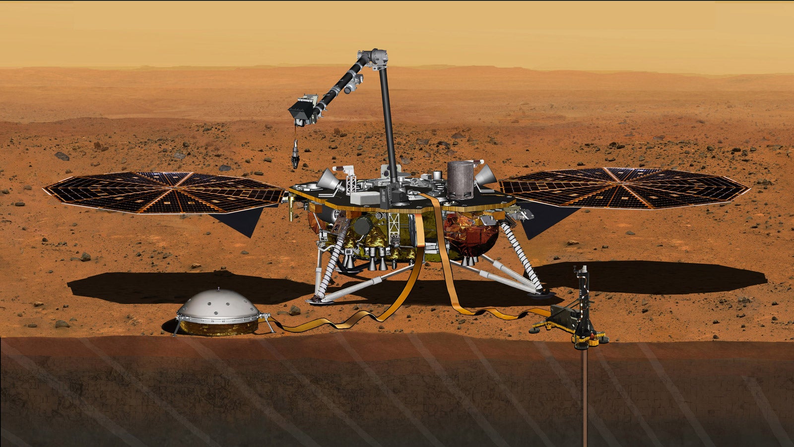 This artist's concept from August 2015 depicts NASA's InSight Mars lander fully deployed for studying the deep interior of Mars.