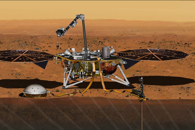 <p>This artist's concept from August 2015 depicts NASA's InSight Mars lander fully deployed for studying the deep interior of Mars.</p>