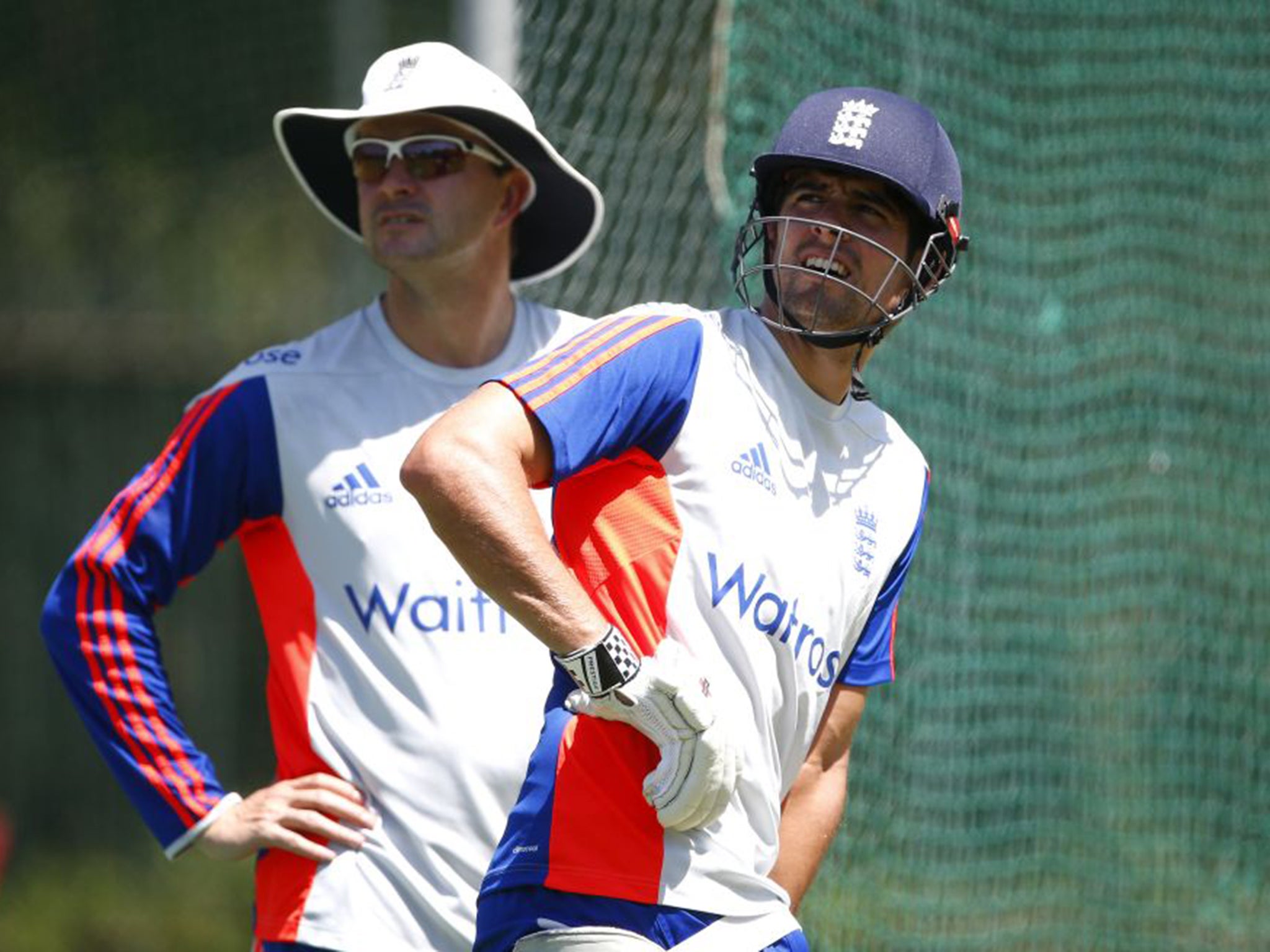 Alastair Cook looks on during a nets session in the build-up to the first Test