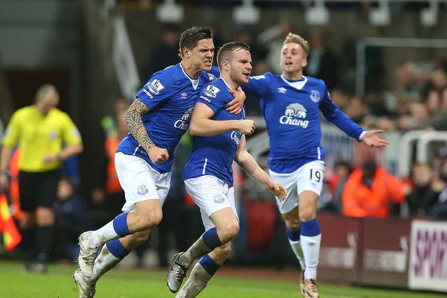 Tom Cleverley celebrates after giving Everton victory against Newcastle