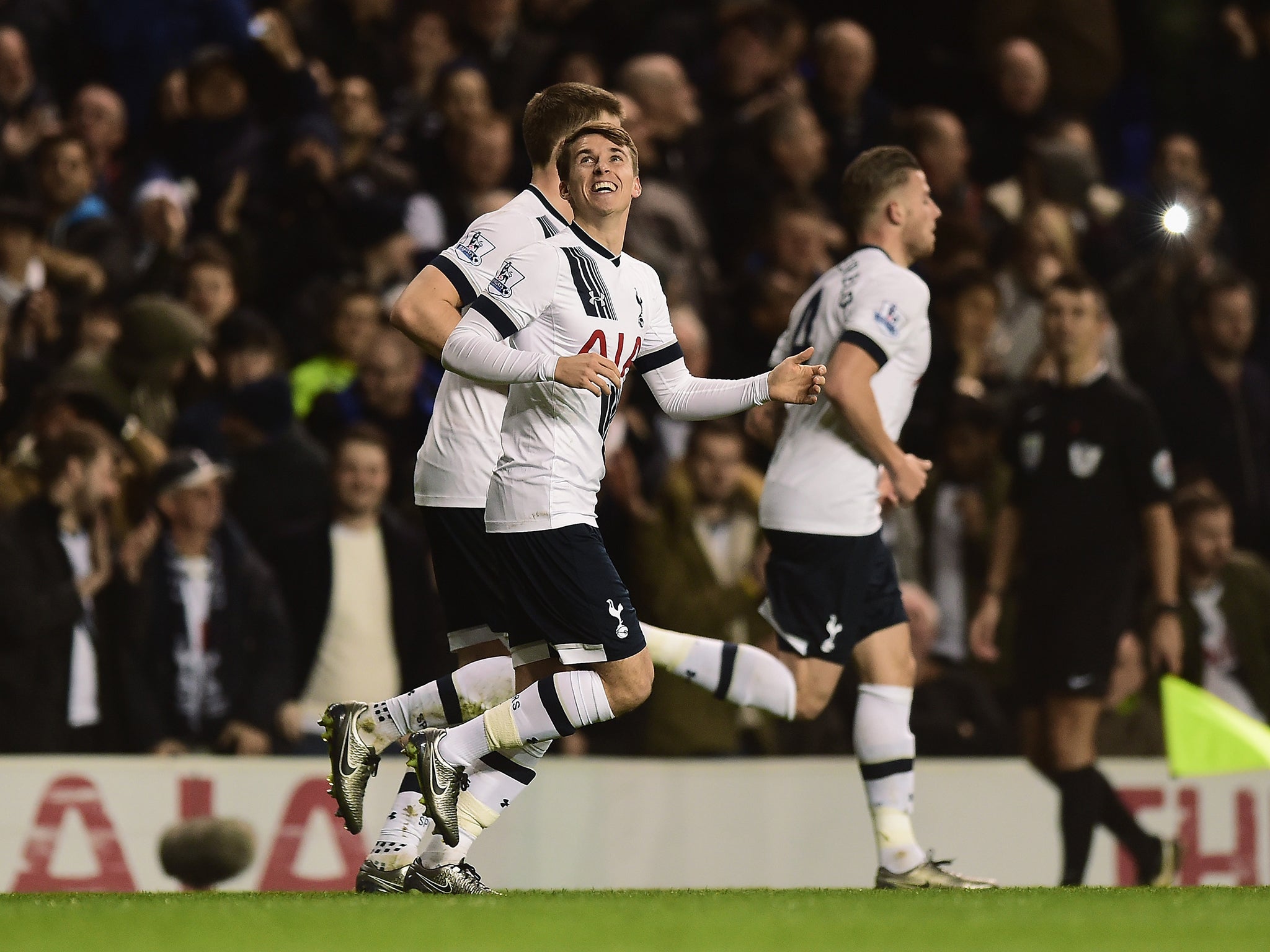 &#13;
Tom Carroll celebrates after scoring his first ever goal for Tottenham&#13;