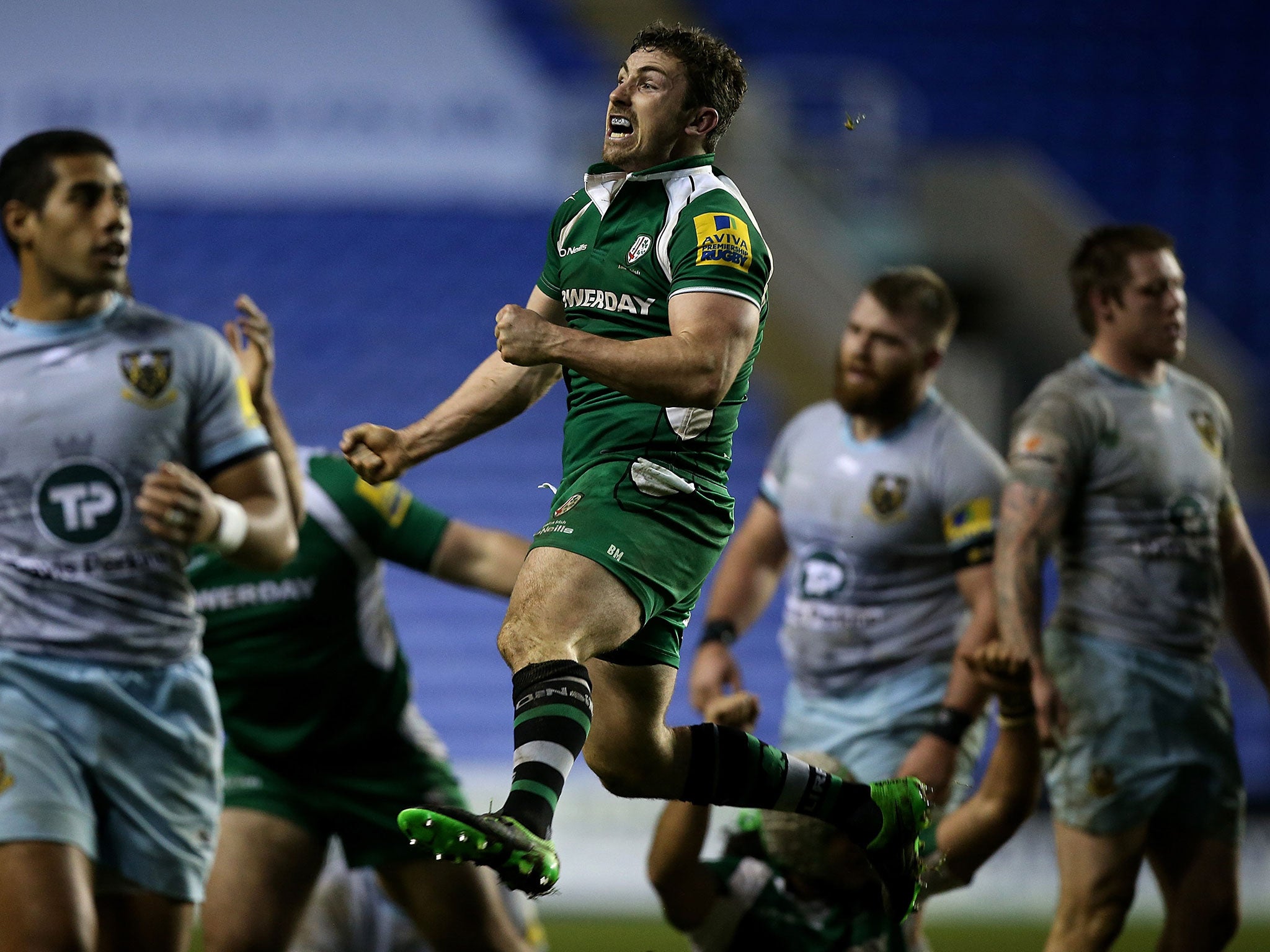 London Irish's Brendan McKibbon leaps for joy after sealing their first victory of the season