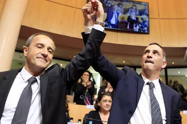 Jean-Guy Talamoni, left, and Gilles Simeoni, Corsica’s new leaders