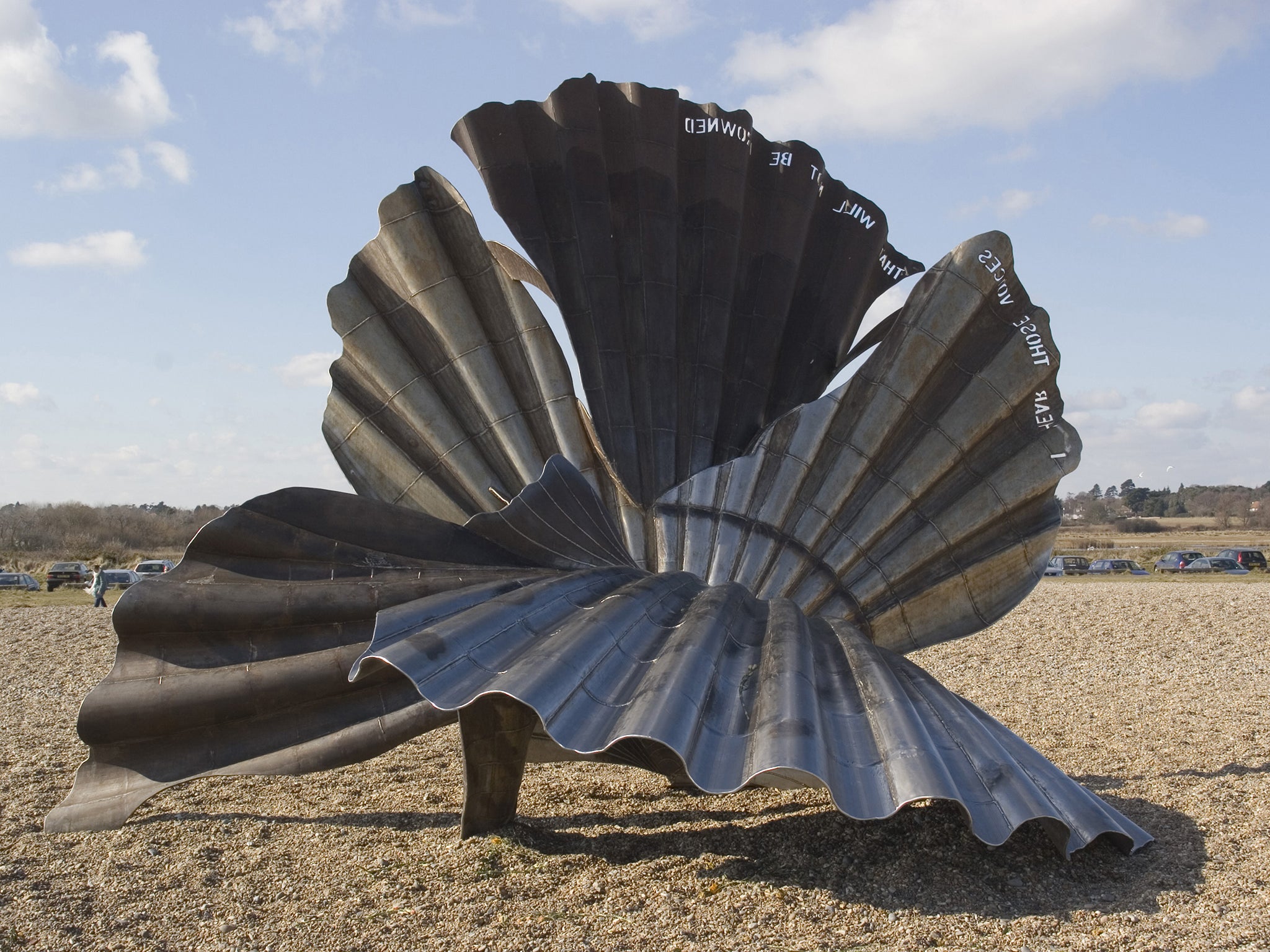 Maggi Hambling's scallop sculpture, a tribute to Benjamin Britten, on Aldeburgh beach, Suffolk