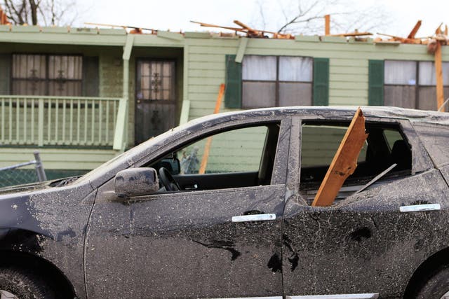 Damage caused by a tornado is seen in a neighborhood in Birmingham, Alabama