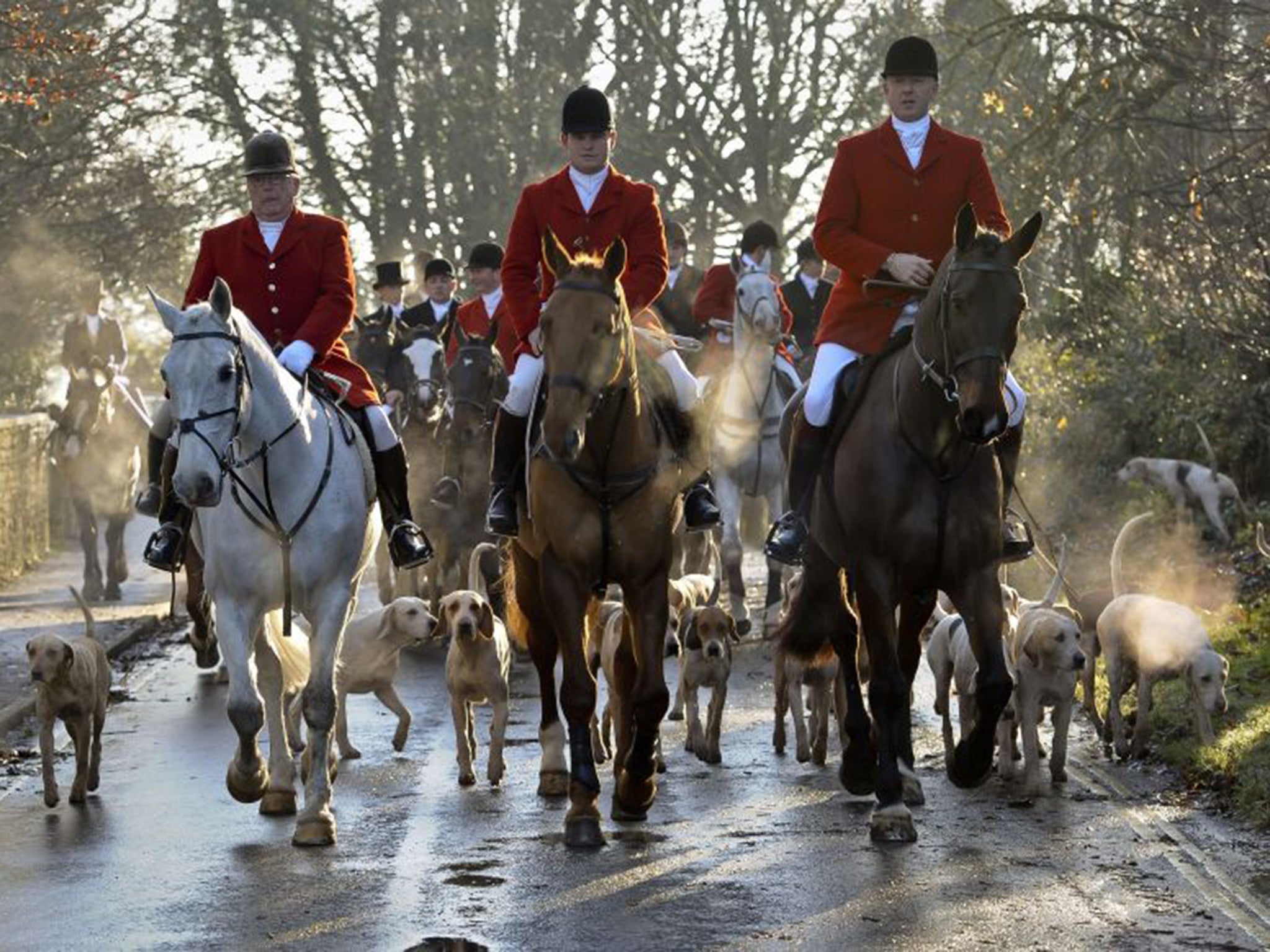 Avon Vale hunt making its way to the village of Laycock, Wiltshire. The practice of hunting with dogs could be legalised once again under a new Conservative government