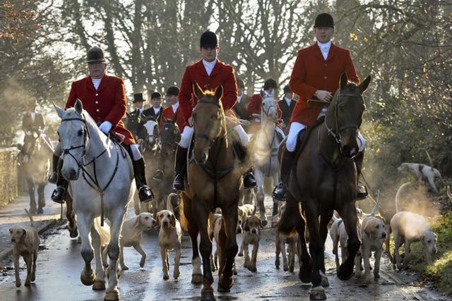 Avon Vale hunt making its way to the village of Laycock, Wiltshire. The practice of hunting with dogs could be legalised once again under a new Conservative government