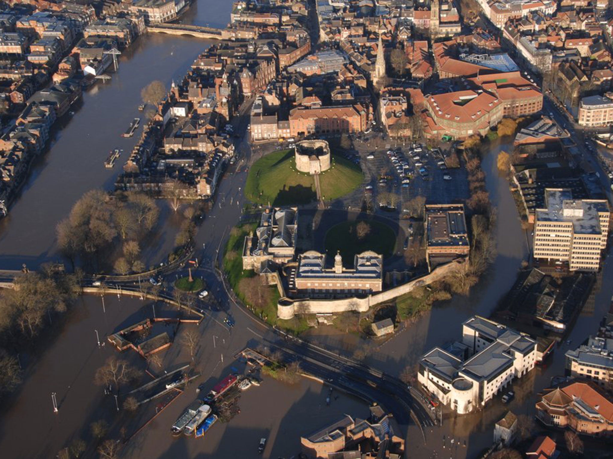 A police helicopter photographed the extent of the flooding in York on 27 December.