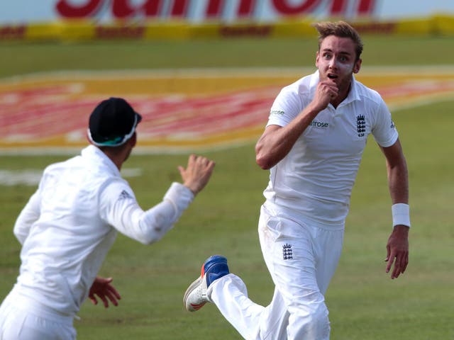 Stuart Broad celebrates taking the crucial wicket of AB de Villiers