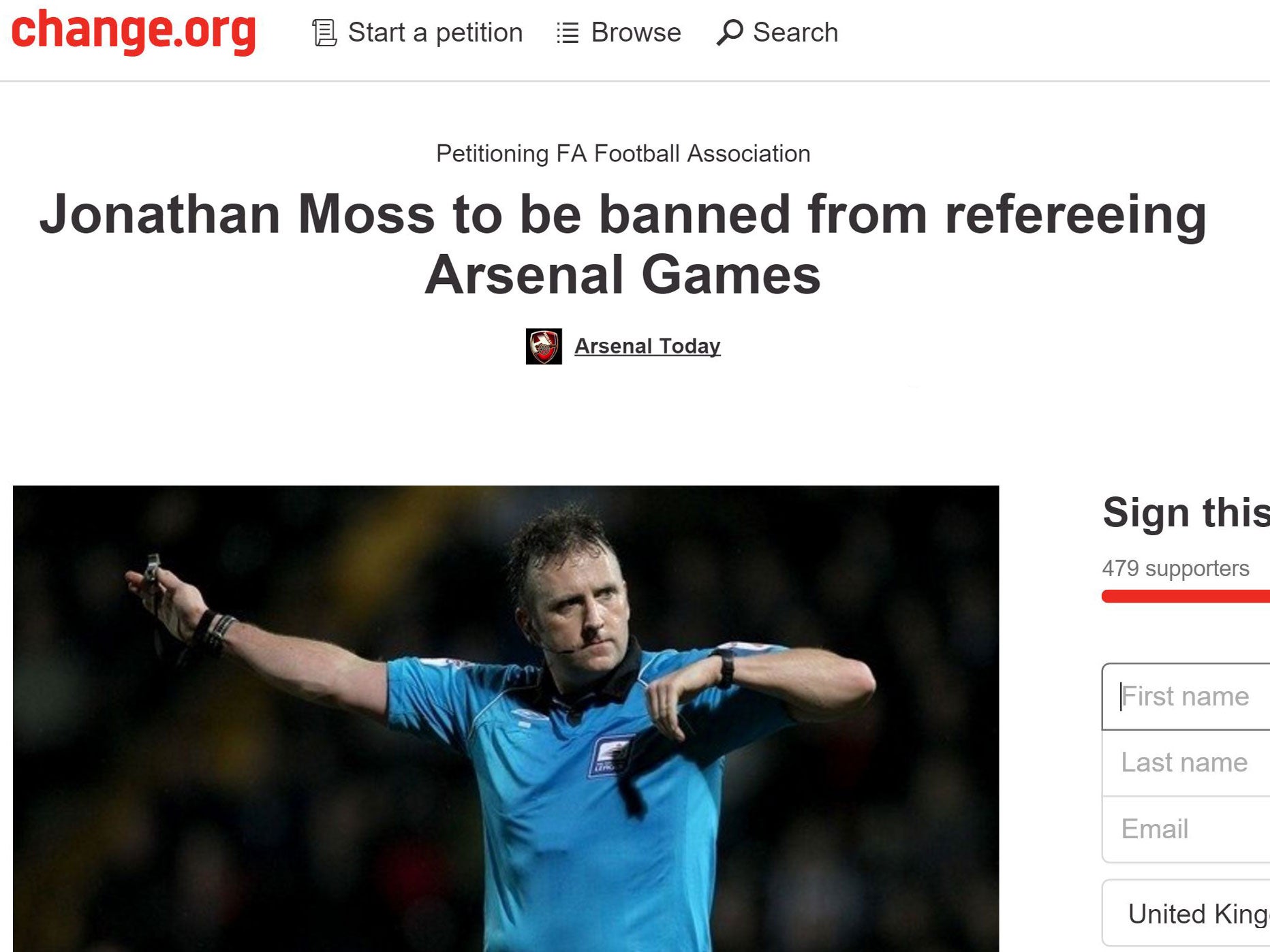 Petition to ban Jonathan Moss from refereeing Arsenal matches