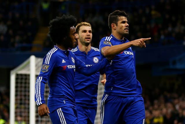 Chelsea striker Diego Costa celebrates his opening goal against Watford