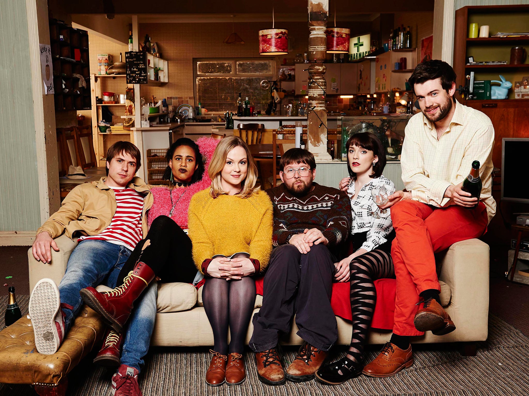 The cast of ‘Fresh Meat’ from left: Joe Thomas as Kingsley, Zawe Ashton as Vod, Kimberley Nixon as Josie, Greg McHugh as Howard, Ritchie as Oregon and Jack Whitehall as JP