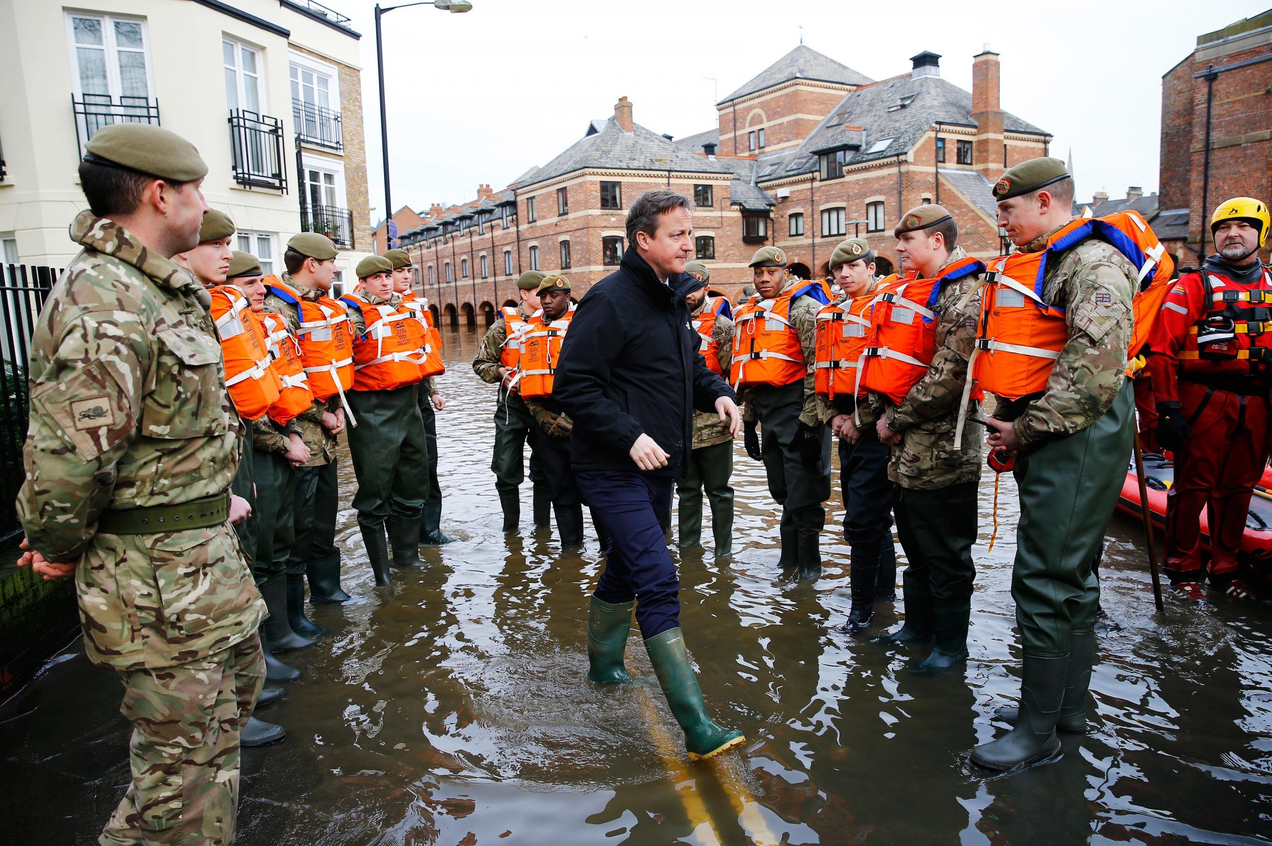 David Cameron visits soldiers working on flood relief in York city centre