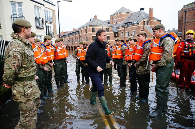 David Cameron visits soldiers working on flood relief in York city centre