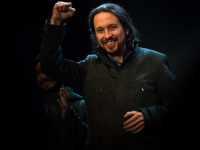 Podemos (We Can) leader Pablo Iglesias acknowledge his supporters on20 December, 2015 in Madrid, Spain