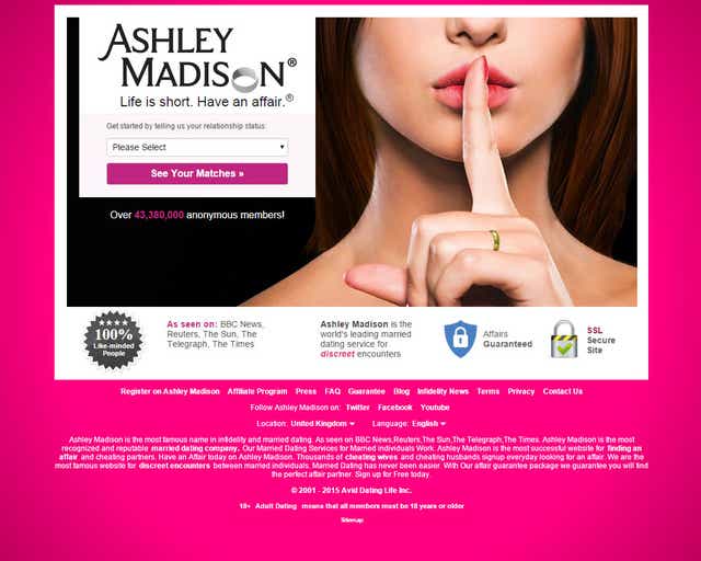 A screenshot of the Ashley Madison website showing they have 43,380,000 members