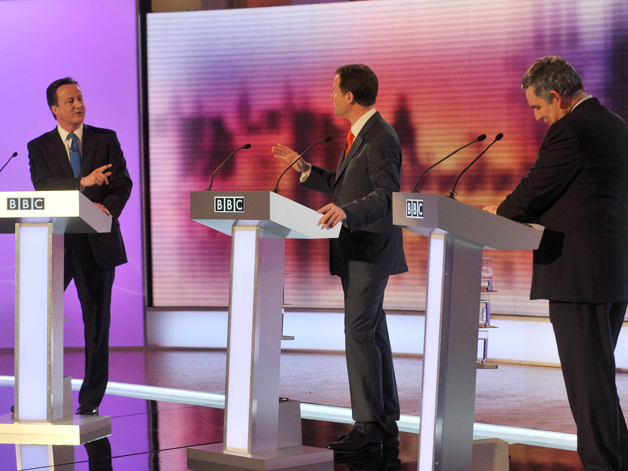 David Cameron,Nick Clegg and Gordon Brown debate during the third and final leader's debate in the lead up to the 2010 general election