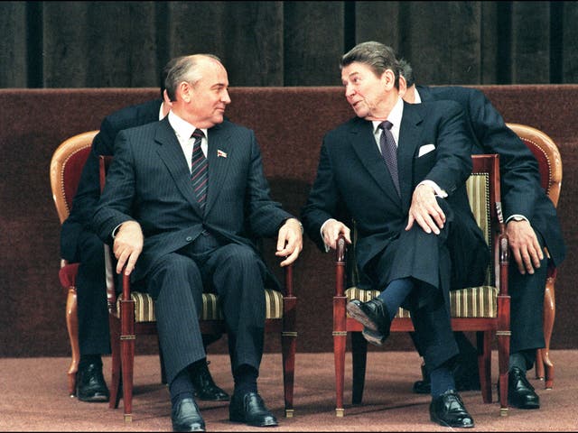 Ronald Reagan shown talkng to Soviet President Mikhail Gorbachev during a two-day summit between the superpowers in Geneva in 1985