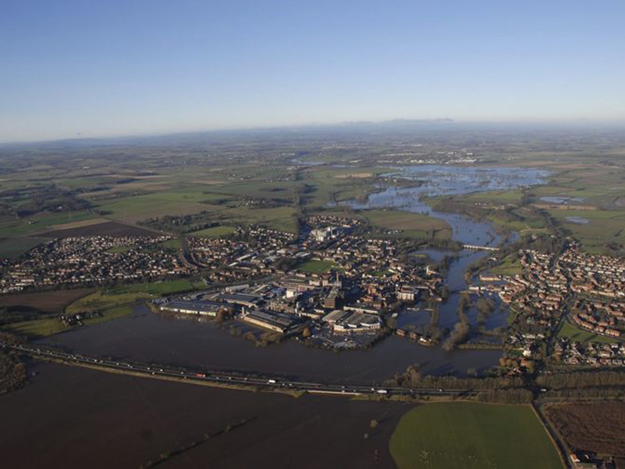 An aerial photograph of flooding at Tadcaster