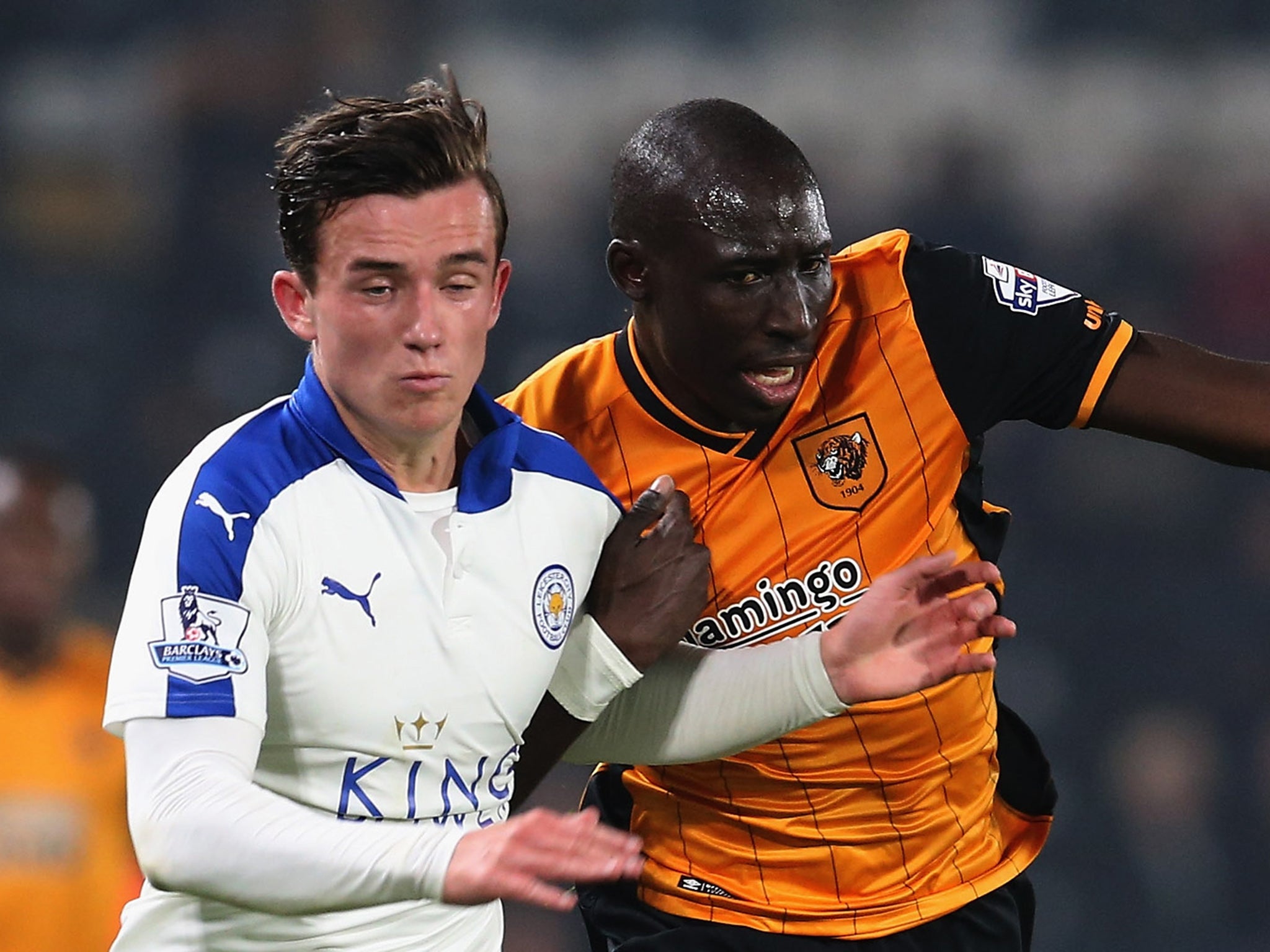 Leicester City youngster Ben Chilwell takes on Hully City's Mo Diame
