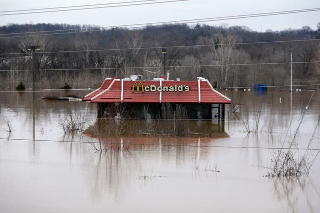 Floodwater from the Bourbeuse River surrounds a McDonald's restaurant on December 29, 2015, in Union, Missouri.