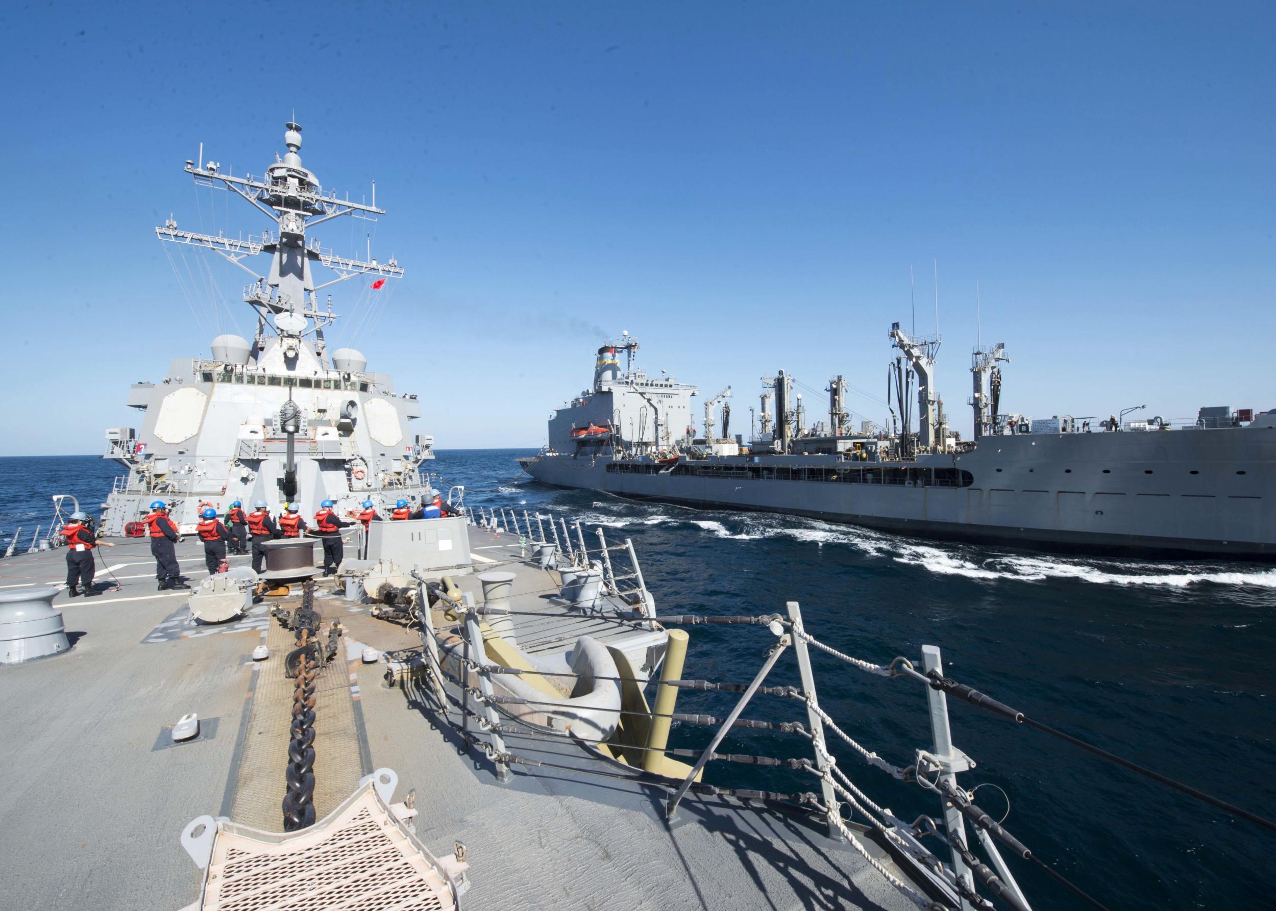 USS Bulkeley participates in a replenishment-at-sea with the USNS John Lenthall US Navy/Associated Press