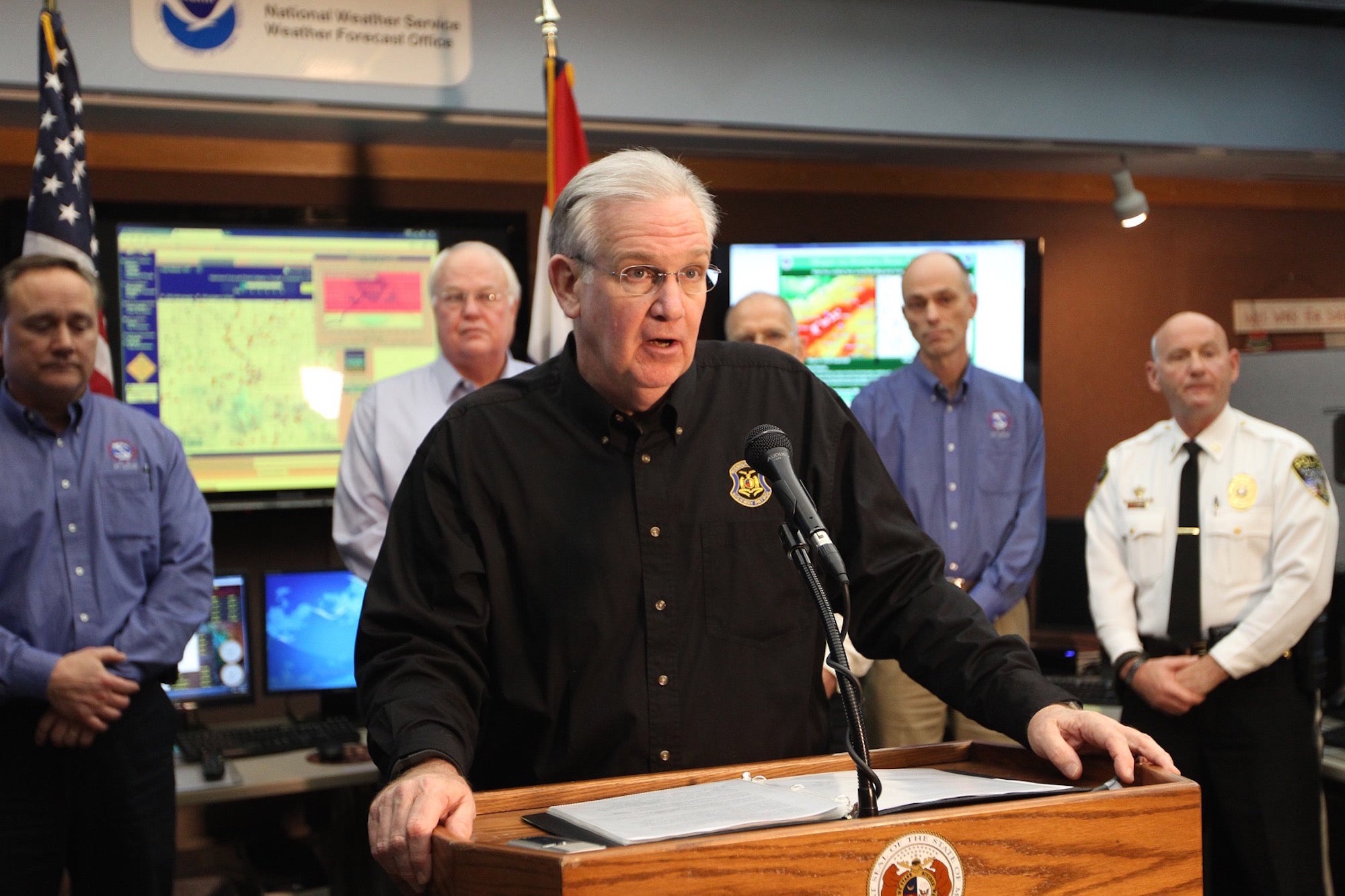 Gov. Jay Nixon the flooding situation in Missouri after consulting with the National Weather Service in Weldon Spring, Missouri on Dec. 29, 2015.