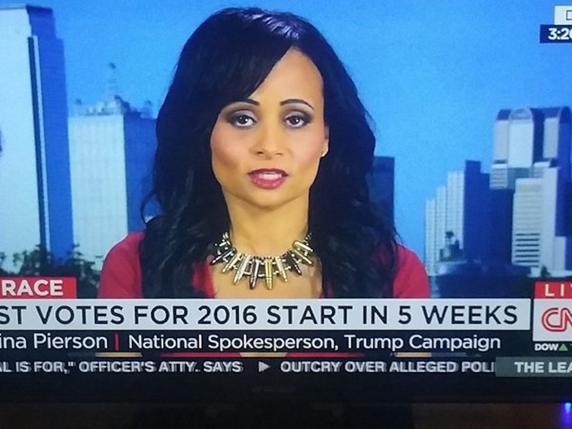 Katrina Pierson, Donald Trump's national spokeswoman, is seen in her CNN interview wearing a necklace made of bullets.
