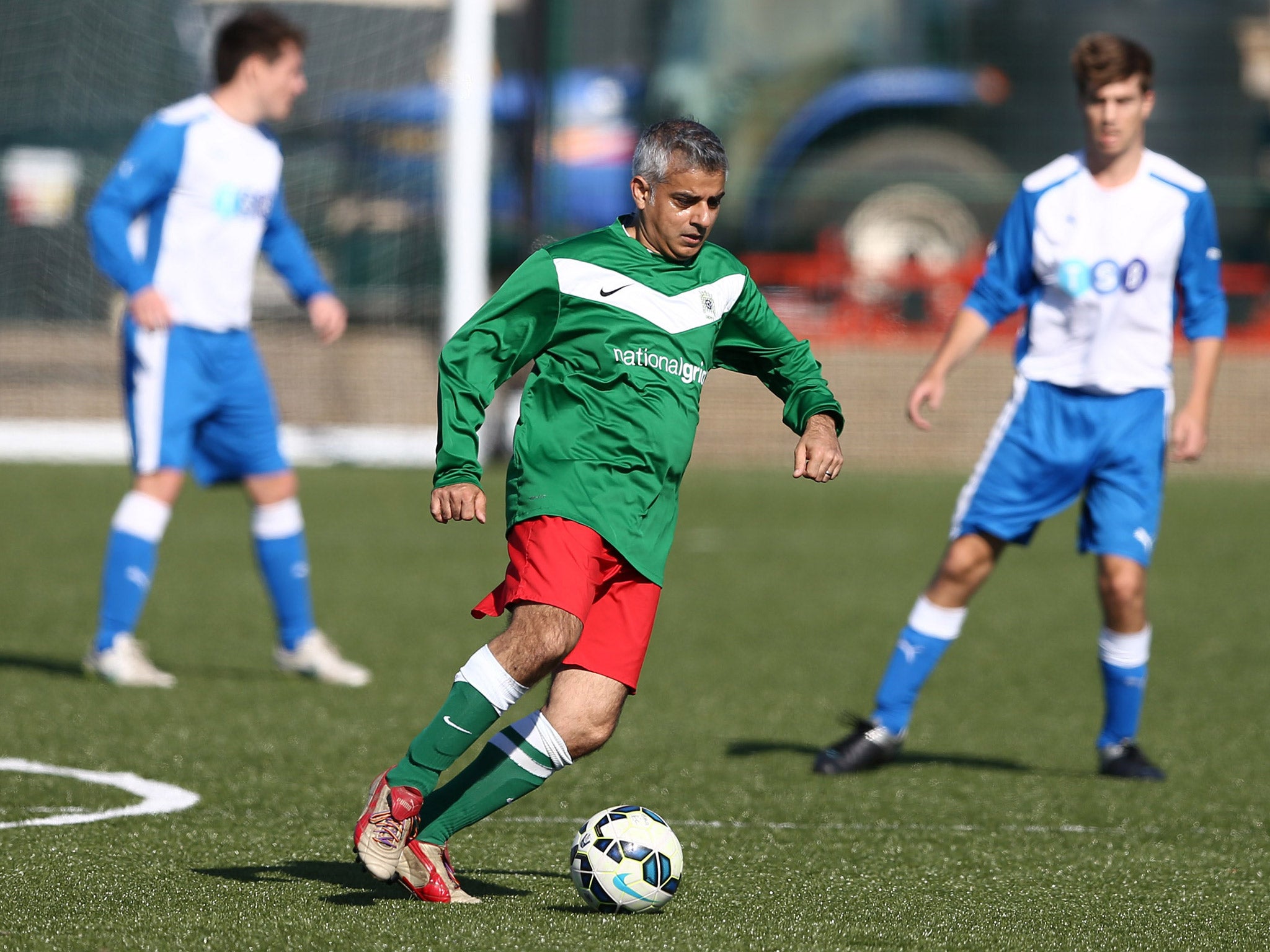 &#13;
Sadiq Khan on the ball during the annual 'Labour Party vs Journalists' football match in September (Getty)&#13;