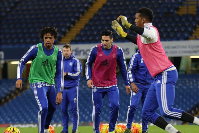 Loïc Rémy (left) and Radamel Falcao (centre) in training for Chelsea