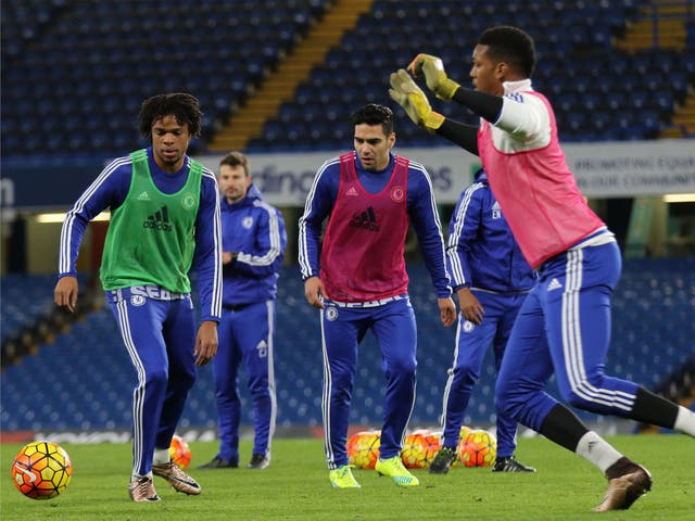 Loïc Rémy (left) and Radamel Falcao (centre) in training for Chelsea