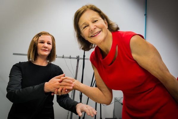 Professor Nadia Thalmann (right) presents her 'doppelgänger' humanoid
