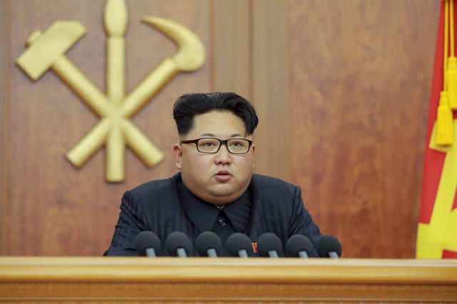 North Korean leader Kim Jong Un gives a New Year's address for 2016 in Pyongyang, in this undated photo released by Kyodo January 1, 2016.