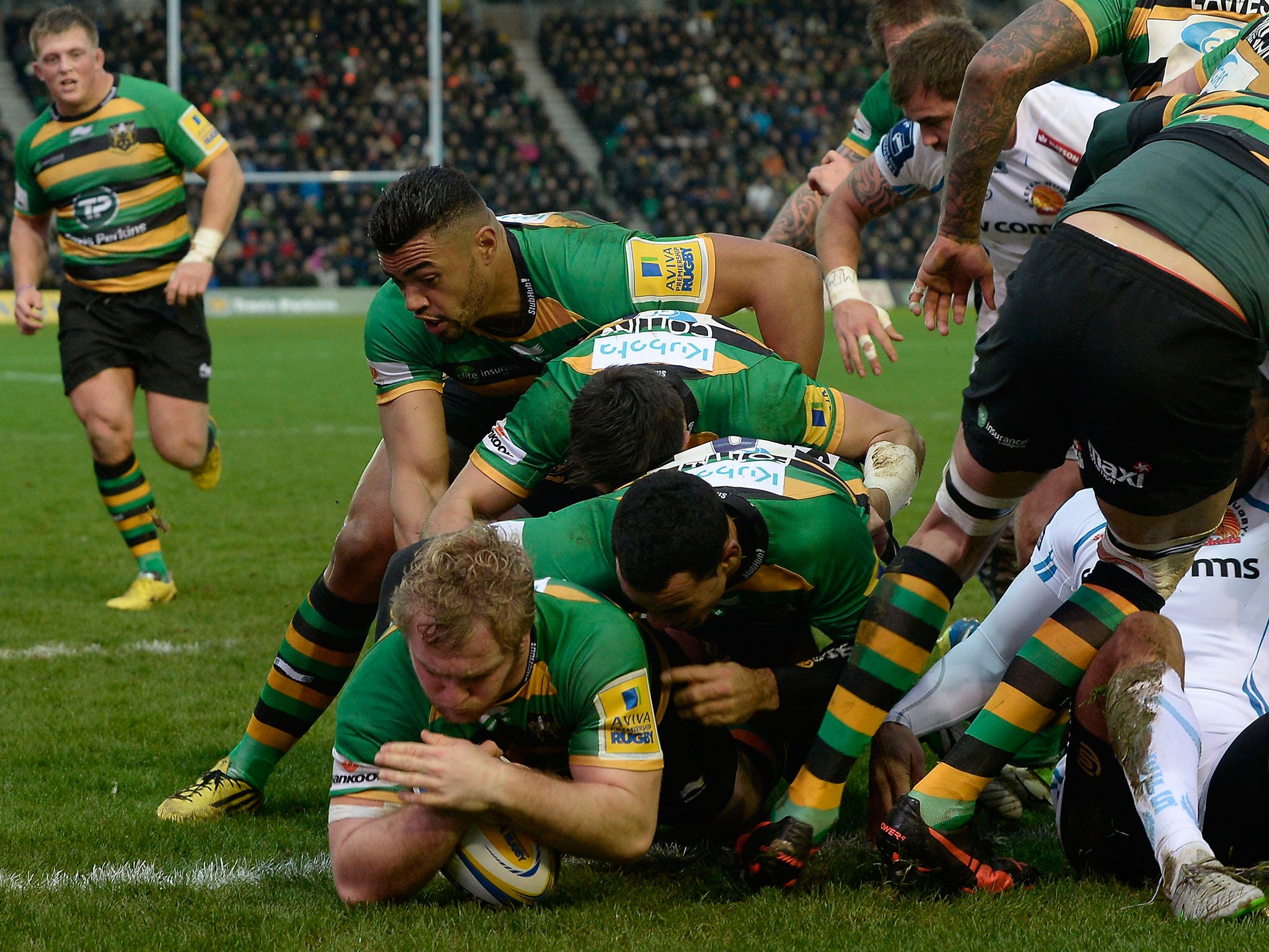 Northampton’s Mike Haywood is driven over for the only try of the match against Exeter yesterday